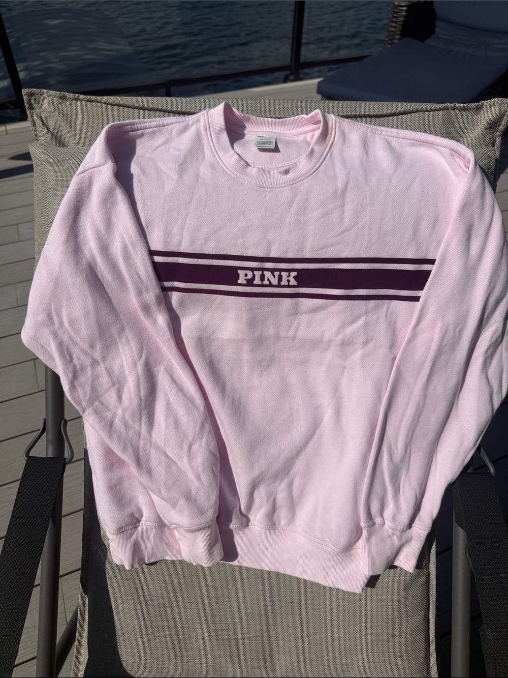 PINK Victoria's Secret Pastel Pink Crewneck Sweatshirt with Maroon Stripe size m